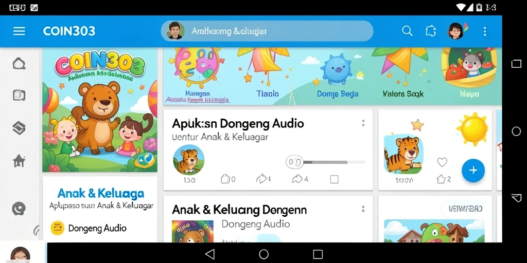 Antarmuka aplikasi COIN303 yang ramah anak dengan pilihan dongeng audio.