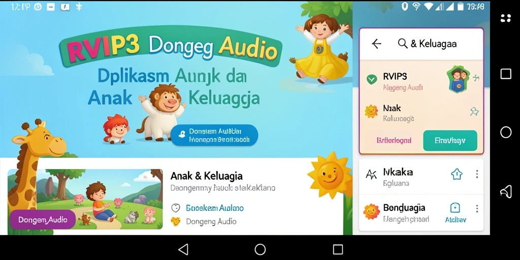 Tampilan antarmuka utama aplikasi Dongeng Audio yang menarik dan ramah anak.